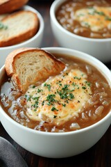 A bowl of onion soup topped with cheese and a slice of toasted bread.