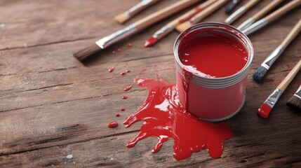Close-up of a paint can with rich red paint spilling slightly over the rim, paintbrushes scattered around it, wooden workbench surface with droplets of paint, warm studio lighting highlighting the