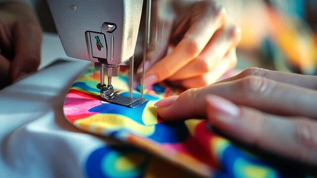 Close-up of a seamstress using a sewing machine.