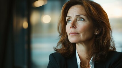 Fototapeta premium Business woman in her 40's looks away thoughtfully in an office