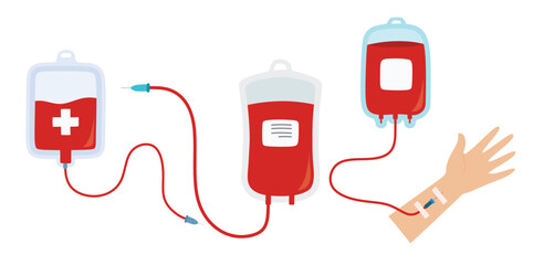 Medical blood bag set in the flat style on white background.