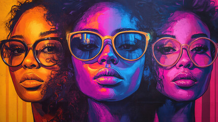 Obraz premium Vibrant street art displaying three women with glasses in bold colors, showcasing creativity and urban culture in a city setting. Generative AI