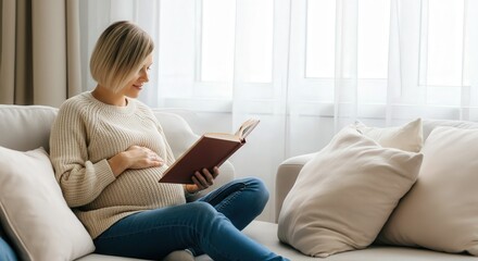 Expectant young caucasian female relaxing with a book in cozy living room setting