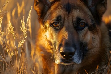 Dog resting in golden grass during sunset at a serene outdoor location