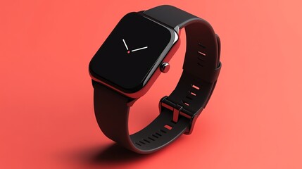 A black smartwatch with a black band on a red surface.