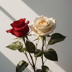A beautiful red rose with soft white and pink accents against a blurred, serene background.