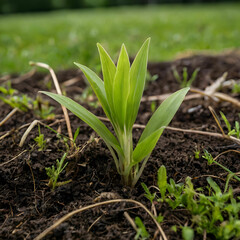 Fototapeta premium Tree sapling hand planting sprout in soil with sunset close up male hand planting young tree over green background