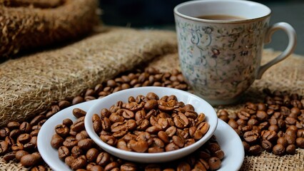 Fototapeta premium cup of coffee with cinnamon,closeup_dua_orang_berjabat_tangan_saat_pertem