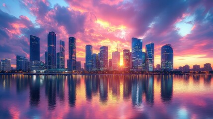 Obraz premium Vibrant sunset cityscape reflected in calm water. (3)