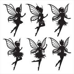 set of vector different poses of fairy vector silhouette