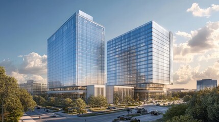 Modern Glass Office Buildings in Urban Setting at Sunset