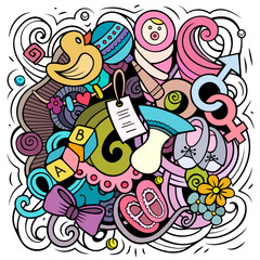 Fototapeta premium Baby cartoon doodle illustration. Funny children design. Creative art vector background. Baby boom elements and objects