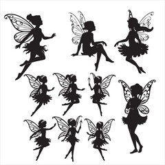 set of vector different poses of fairy vector silhouette