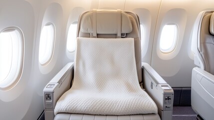 Airline amenities and service relaxation, A spacious airplane seat with a blanket, surrounded by large windows, showcasing a serene travel environment.