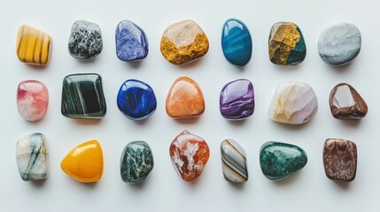 Variety of gemstones in bright colors and different shapes on a clean white background detailed and vibrant style