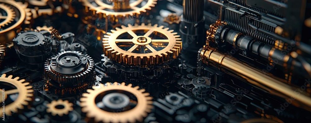 Poster golden gears on a dark background, close-up view, mechanical parts composite.