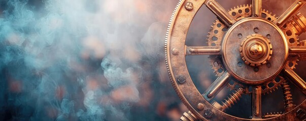 Fototapeta premium Steampunk gear, detailed bronze mechanism with atmospheric smoke in the background.