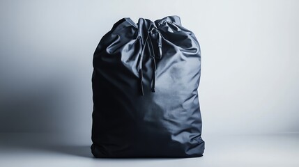 A black laundry bag stands against a light grey background.