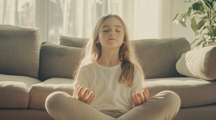 Fototapeta premium Young girl sitting in a meditative pose on a couch minimalistic living room design calm expression bright neutral tones soft natural daylight