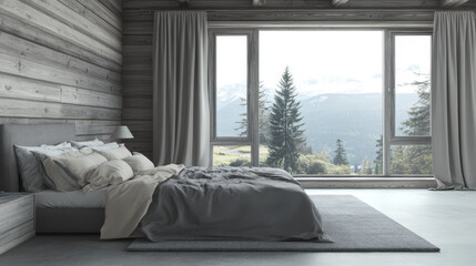 Fototapeta premium . A panoramic window spans the width of the room, offering an unobstructed view of the serene countryside, flooding the space with natural light. The minimalist decor and muted color palette emphasize