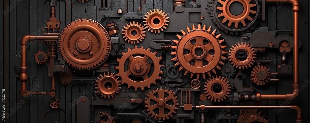 Poster intricate gears and pipes in rust color, isolated on a dark background.