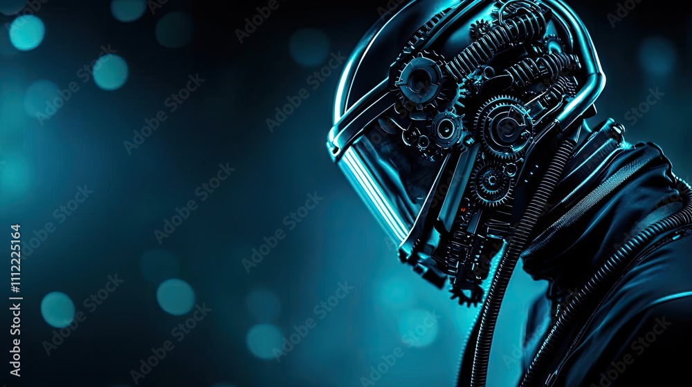 Poster futuristic cyborg with intricate mechanical details on a blue bokeh background