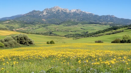 Vibrant Yellow Wildflowers Surrounding Majestic Mountain Landscape