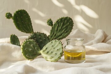 Cactus and oil jar in sunlight on linen backdrop