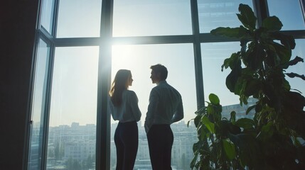 Man and woman standing near a window discussing business ideas modern office with glass partitions bright daylight minimalist style