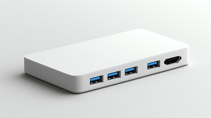 A white device with black accents on a white surface.