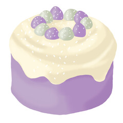 purple cake with white whipcream and grated coconut sprinkles for birthday and decoration