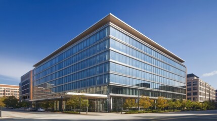 Modern Office Building with Glass Facade Under Clear Blue Sky