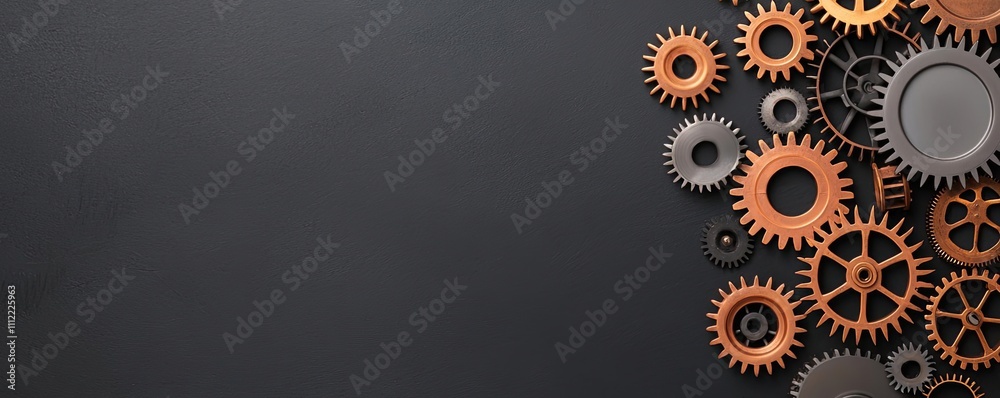 Poster set of various mechanical gears on a dark background.
