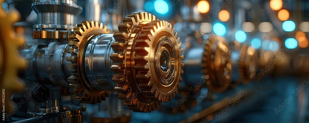 Poster golden gears in a close-up view showcasing intricate mechanical details.