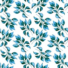 Fototapeta premium Seamless delicate watercolor pattern with blue leaves on a white background. Elegant plant design for textiles, packaging, wallpaper and decorative elements.