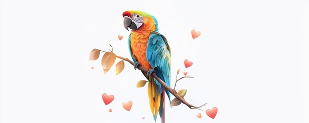 Obraz premium Love your pet day concept. A vibrant parrot perched on a branch, surrounded by colorful hearts, showcasing a lively tropical theme.