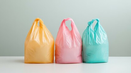 Three pastel plastic bags on white surface.