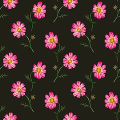 Watercolor illustration of a single isolated pink flower with yellow center on a green stem black background. Ideal for cards, design and decorative use	