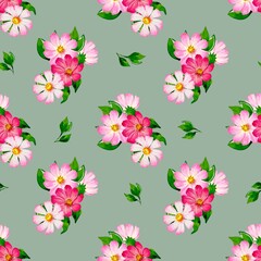 Seamless fashion watercolor pattern of bouquets with pink cosmos flowers and green leaves on grey background. Floral design for textiles, wallpapers, cards and packaging