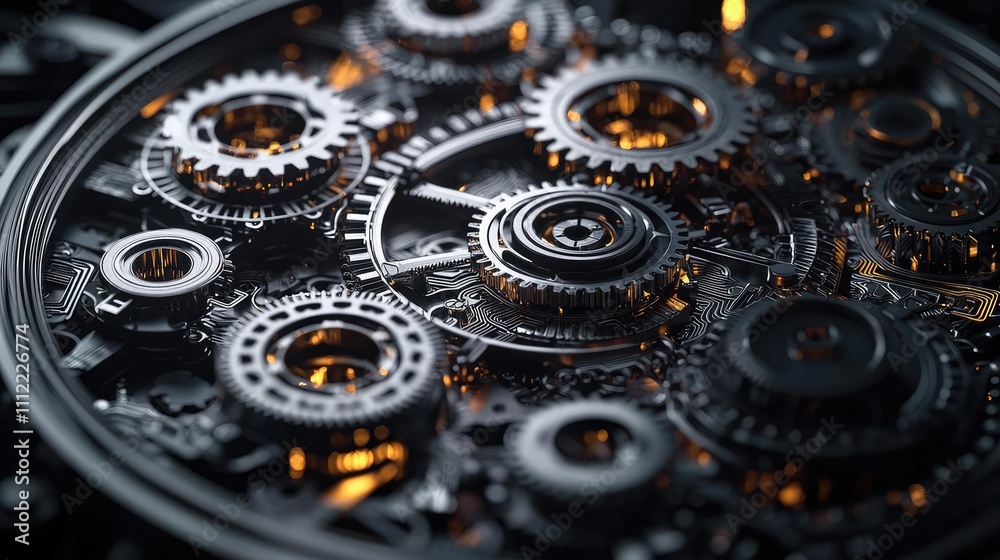 Poster intricate arrangement of mechanical gears with glowing elements on a dark background.