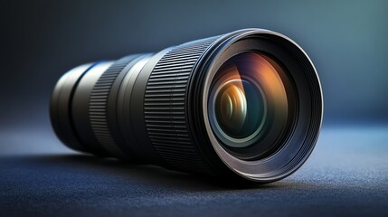 A camera lens with a lens hood attached, is on a blue surface against a blurred peach and blue background.