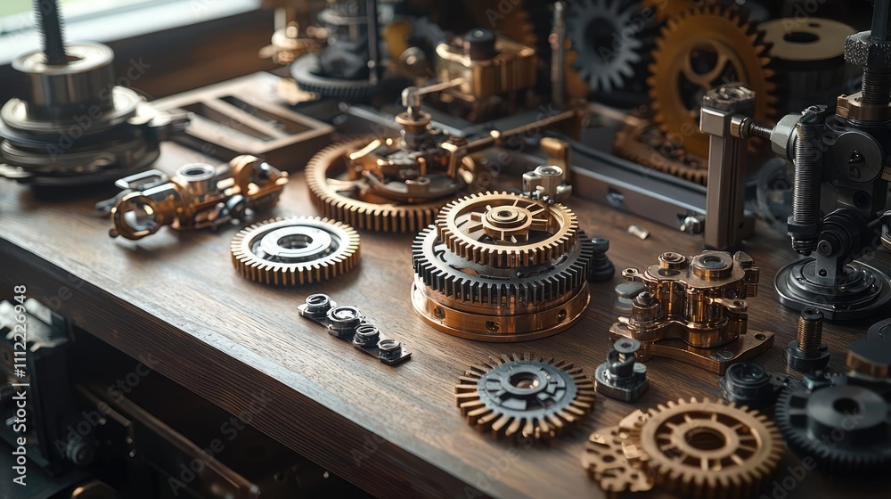Poster collection of intricate gears and machinery components on a wooden surface.