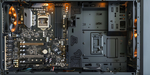 Open computer case showing a motherboard, expansion slots, and various connectors.