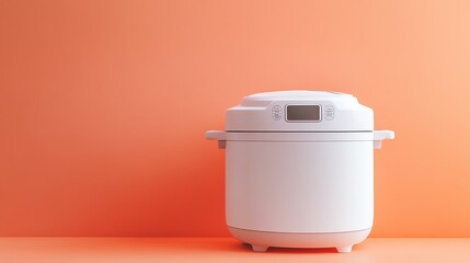 A white electric pressure cooker on a peach countertop in front of a peach wall.