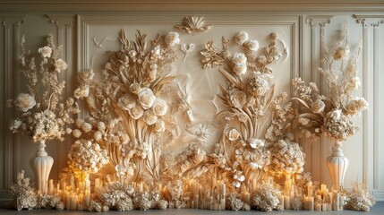 An elegant floral wall installation adorned with soft textures and warm candlelight, creating a serene and luxurious ambiance.