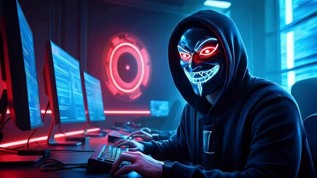 A masked figure in a dark room, working on a computer with glowing screens.