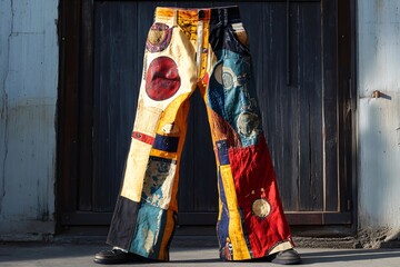 Wide legged patchwork pants with a bold, colorful design hang against a weathered wooden door, showcasing a unique and artistic fashion statement