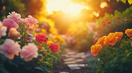 Golden Hour Roses Bloom In A Garden Path