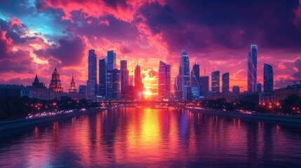 Fototapeta premium Vibrant sunset over a modern city skyline reflected in calm water.