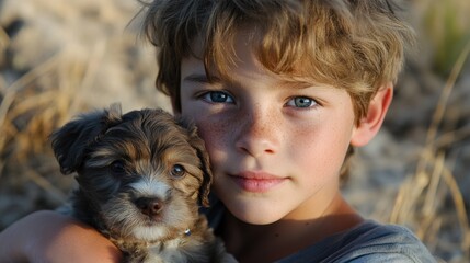 Boy Holding Puppy in Natural Setting